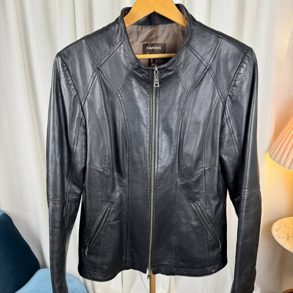Danier Black Leather Moto Jacket Made in Canada sz Large - Picture 1 of 13